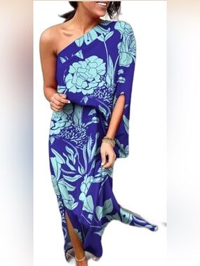 One-Shoulder Blue Floral Maxi Dress,  XL, flowy Resort Summer Party